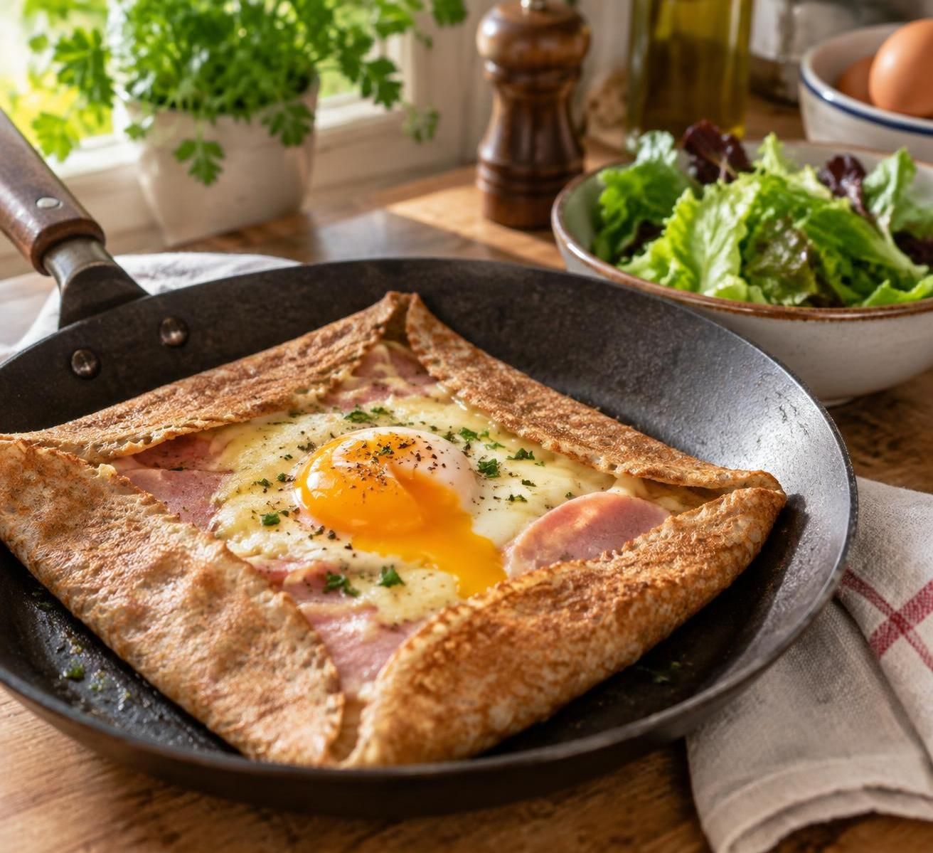 découvrez la recette facile de la crêpe salée jambon-fromage avec œuf : une galette classique, gourmande et réussie à tous les coups.