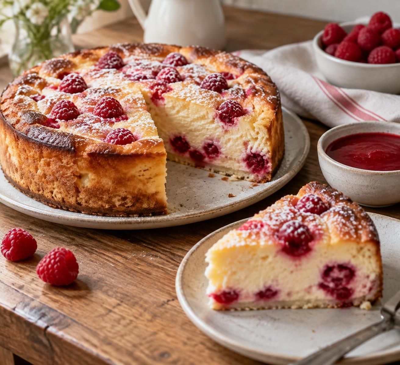 découvrez un gâteau au fromage blanc et aux framboises, léger et facile à préparer, accompagné d’un coulis fruité pour un dessert frais et gourmand.