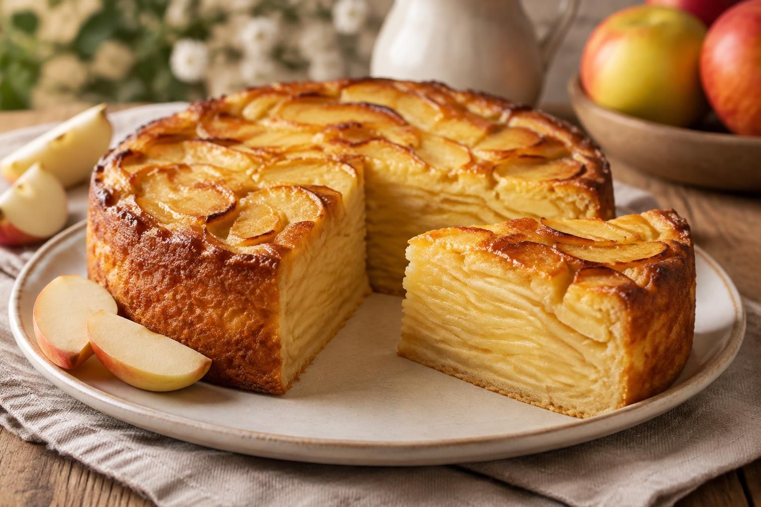 découvrez la recette facile du gâteau invisible aux pommes : léger, sans beurre et inratable, avec de fines tranches de pommes fondantes.